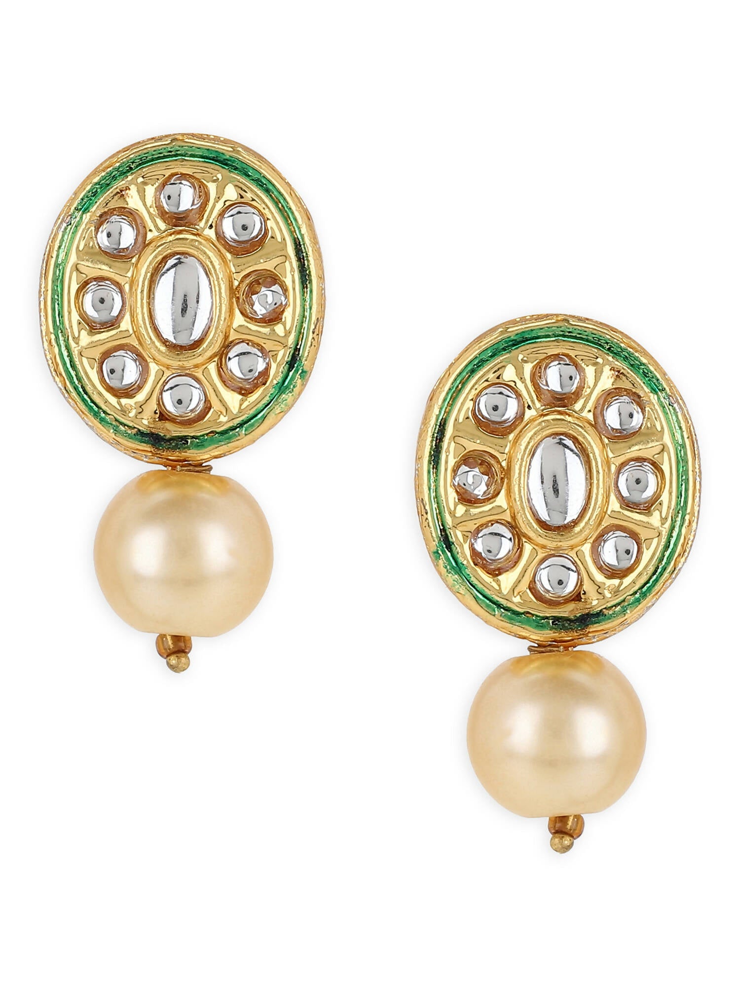 Gold-Toned White Kundan Oval-Shape Gold-Plated Studs Earrings - Ruby Raang - Distacart