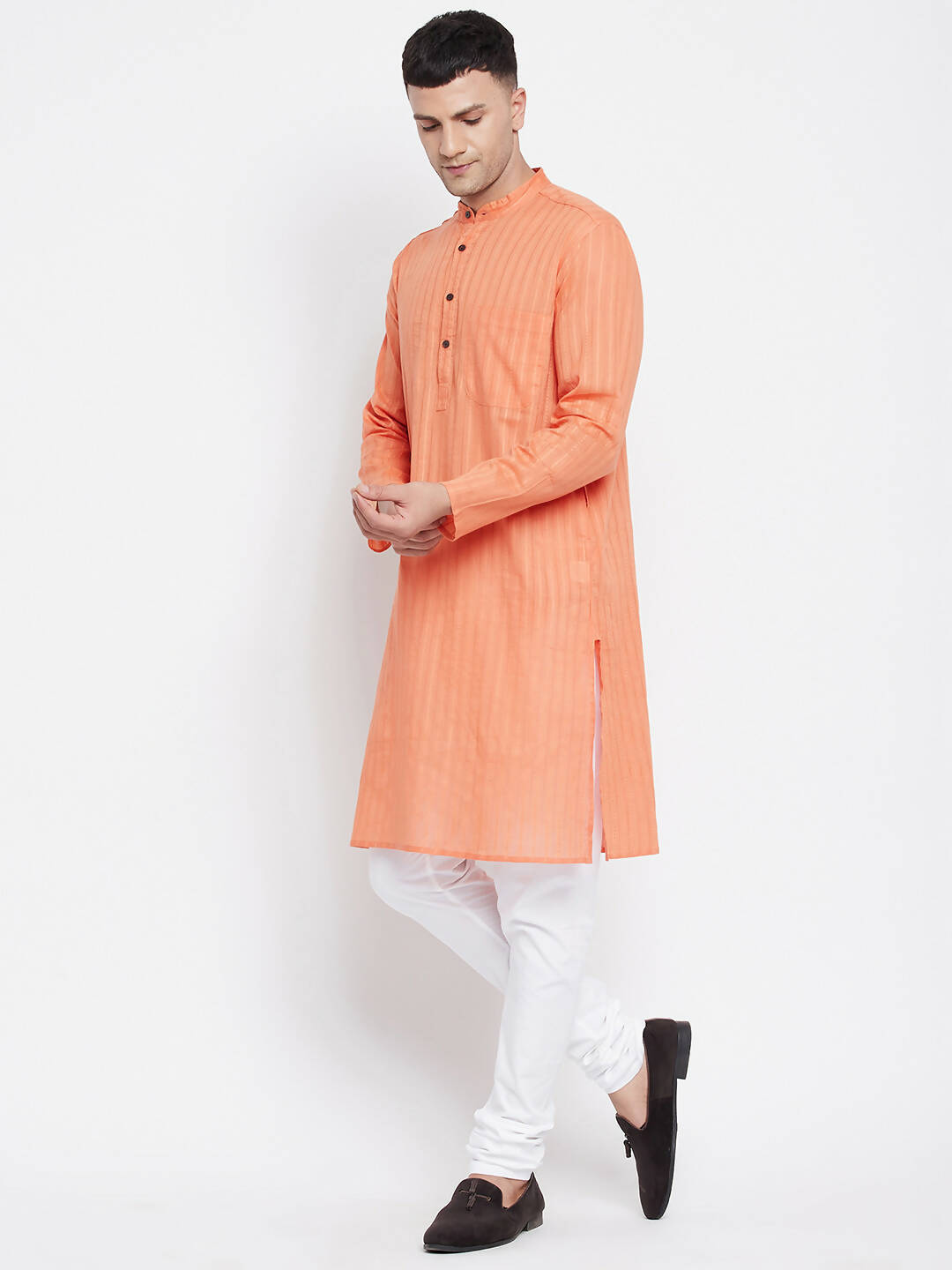 Even Apparels Orange Color Pure Cotton Men's Kurta With Band Collar - Distacart
