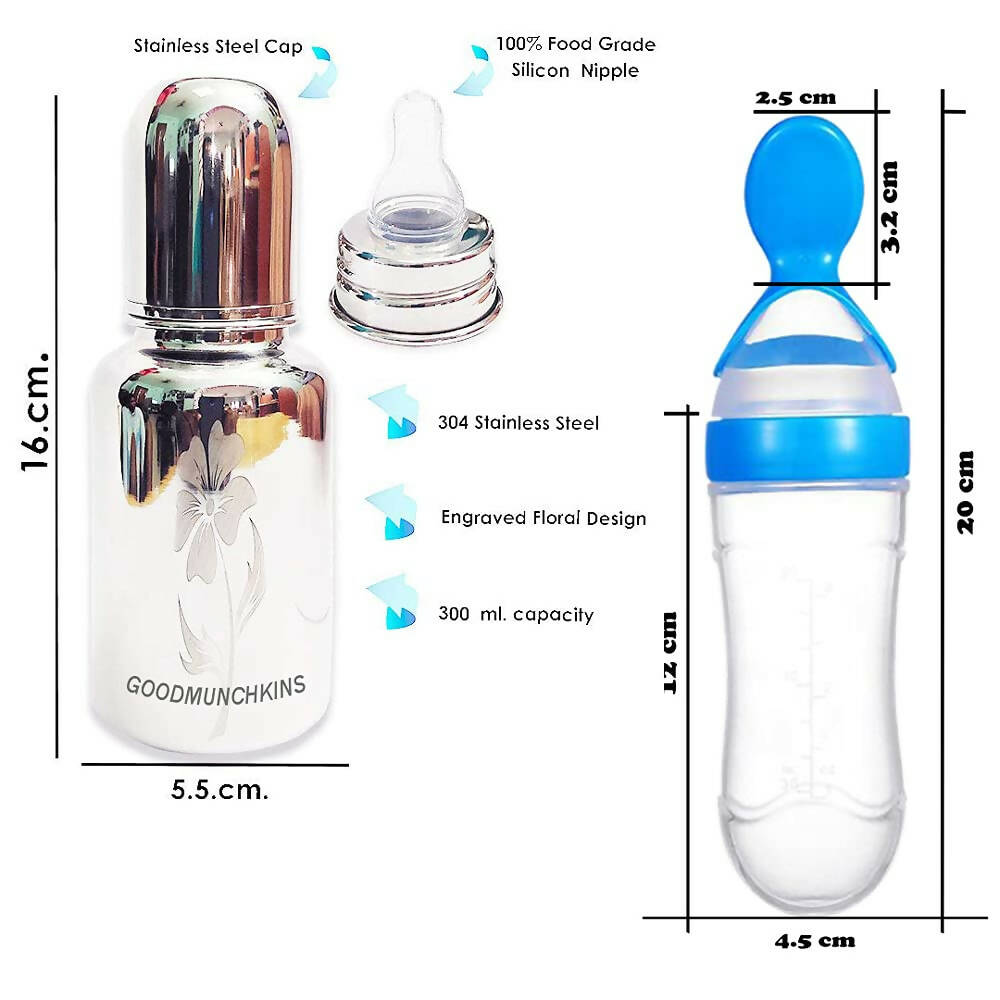 Goodmunchkins Stainless Steel Feeding Bottle & Spoon Food Feeder Anti Colic Silicone Nipple Combo-(Blue, 300ml) - Distacart