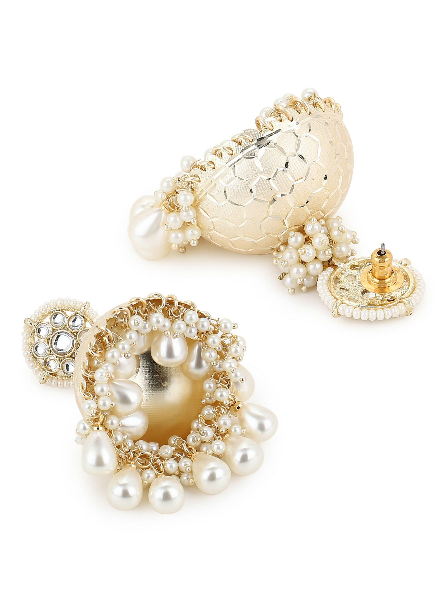 Gold-Toned White Pearl Beaded Contemporary Gold-Plated Jhumkas Earrings - Ruby Raang - Distacart