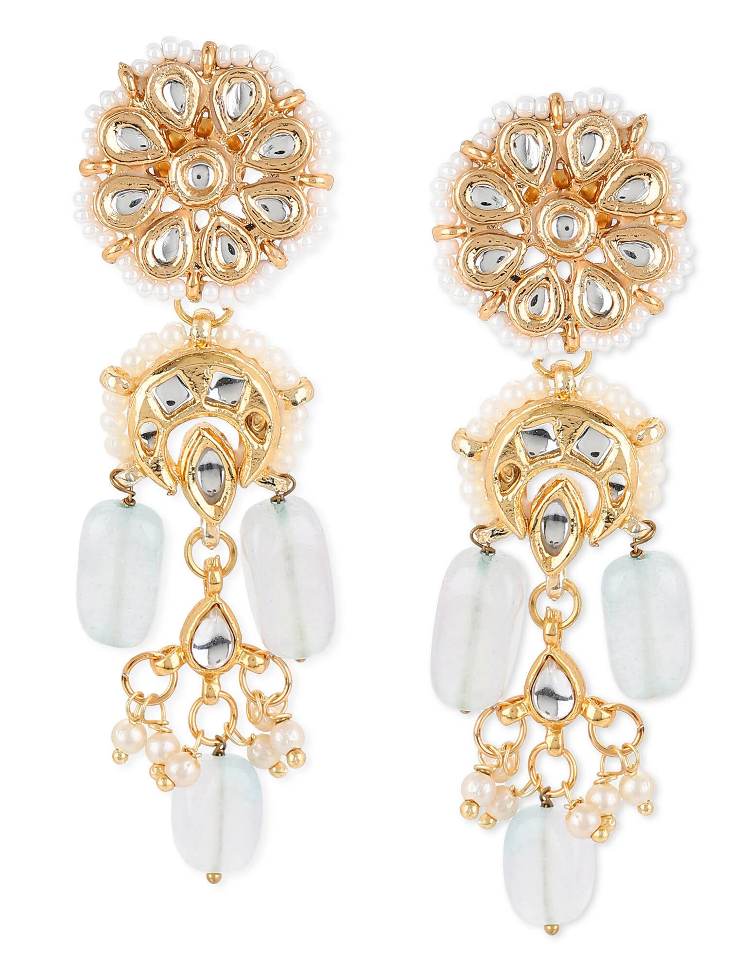 Gold-Toned White Kundan Contemporary Gold-Plated Drop Earrings - Ruby Raang - Distacart
