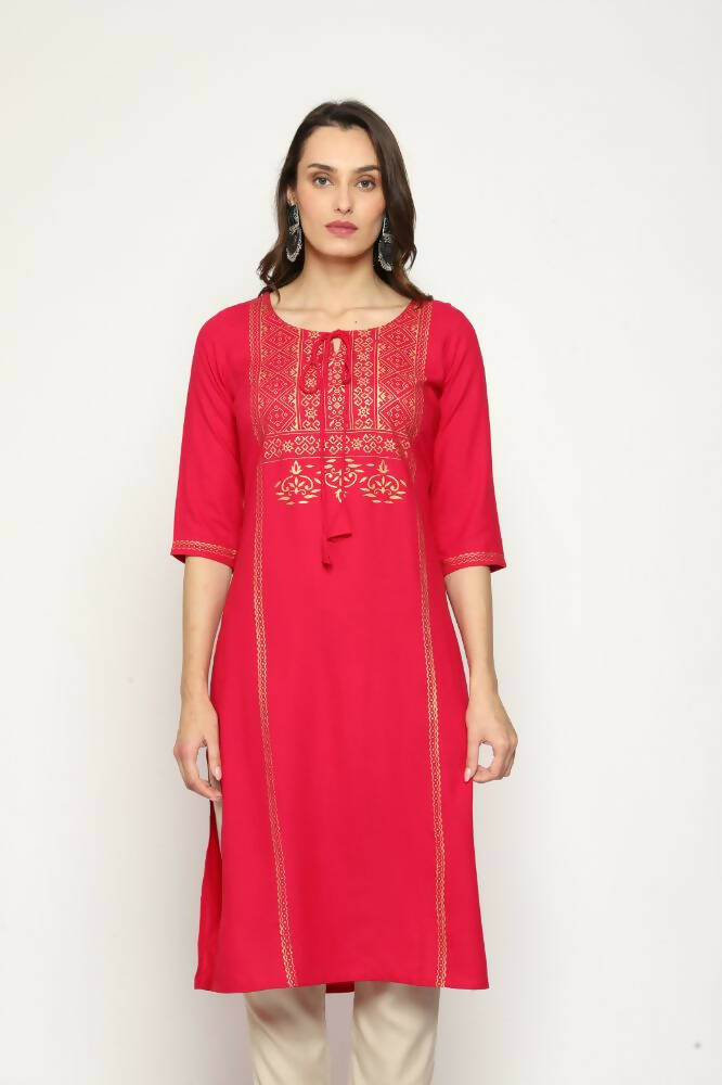 Maai Rayon Hand Printed Kurta Red - Distacart