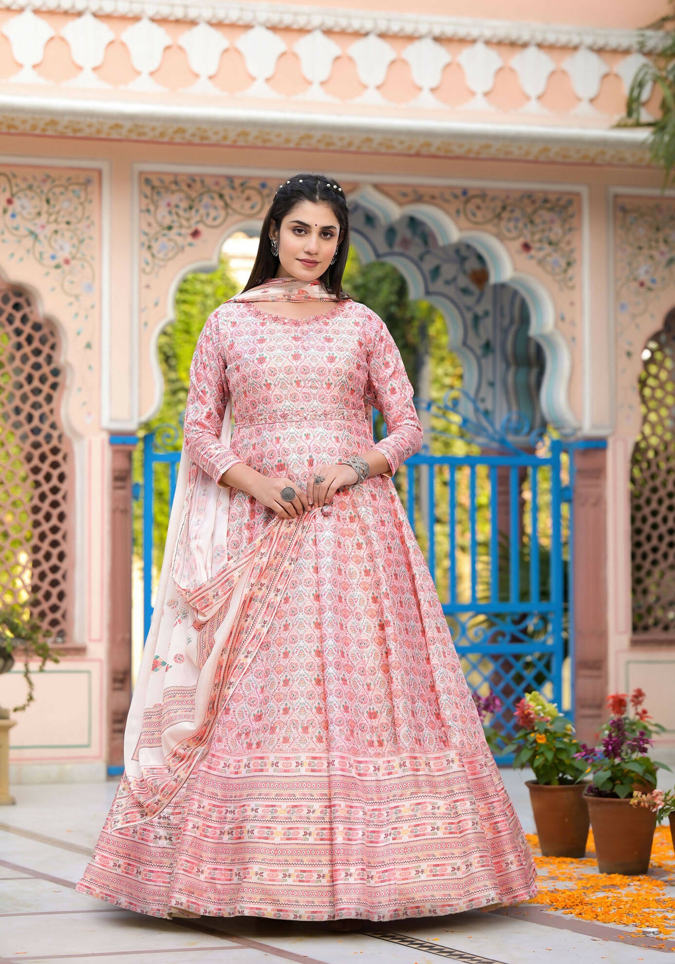 Functional Designer Off White-Light Pink Dola Silk Anarkali suit with Dupatta - Ramya - Distacart