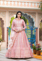 Thumbnail for Functional Designer Off White-Light Pink Dola Silk Anarkali suit with Dupatta - Ramya - Distacart