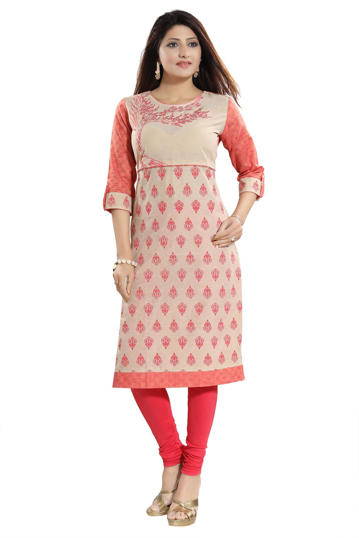 Snehal Creations Flamboyant Tomato And Beige Cotton Printed Tunic - Distacart