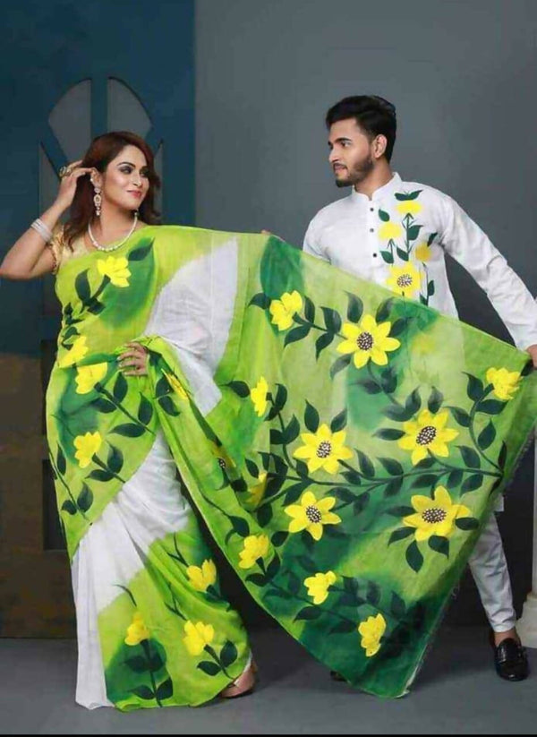 Exclusive Collection Elegant Hand Printing Designe On Pure Cotton Saree And Men's Kurta - Green - Distacart