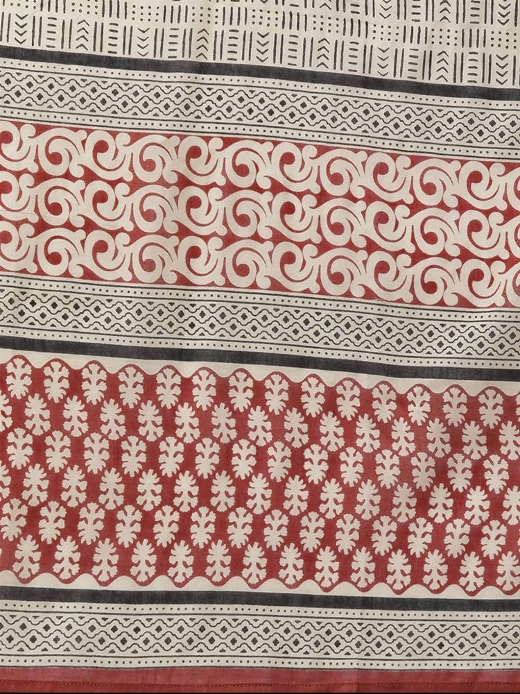 Yufta Women Rust Red and Beige Print Pure Cotton Kurta with Trouser and Dupatta