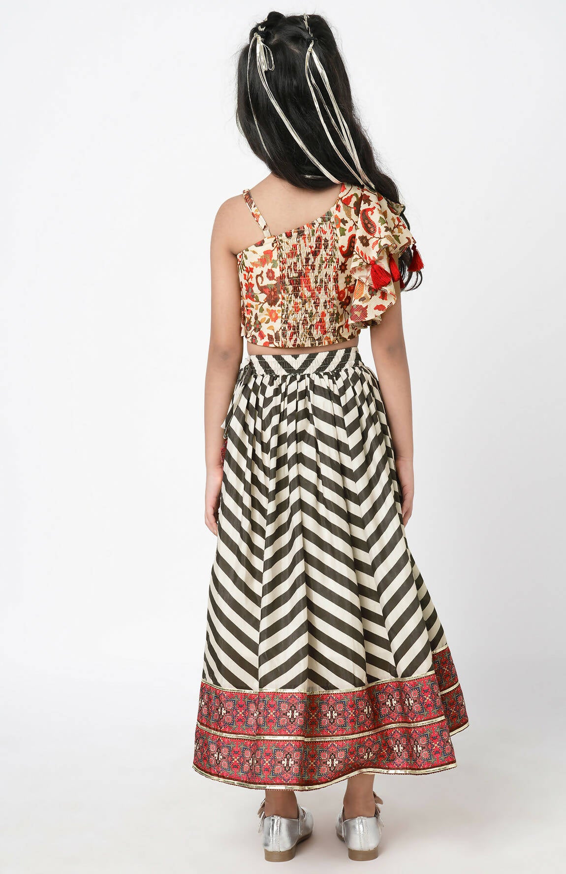 Lil Drama Chromatic Fusion Girls Black & White Stripe Hand Embroidery Lehanga Choli - Distacart