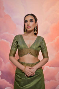 Thumbnail for Vishnu Weaves Women's Mahendi Cotton Self Weaving Saree with Blouse - Distacart