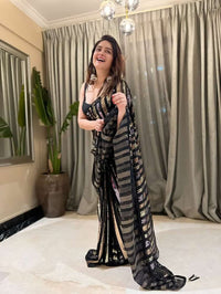 Thumbnail for Malishka Women's Georgette Sequence Embroidery And Backpatch Border & Fumka On Pallu Saree With Blouse Piece - Black - Distacart