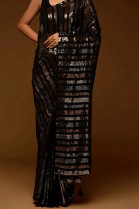 Thumbnail for Malishka Women's Georgette Sequence Embroidery And Backpatch Border & Fumka On Pallu Saree With Blouse Piece - Black - Distacart