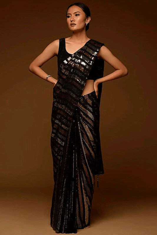 Malishka Women's Georgette Sequence Embroidery And Backpatch Border & Fumka On Pallu Saree With Blouse Piece - Black - Distacart