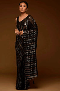 Thumbnail for Malishka Women's Georgette Sequence Embroidery And Backpatch Border & Fumka On Pallu Saree With Blouse Piece - Black - Distacart