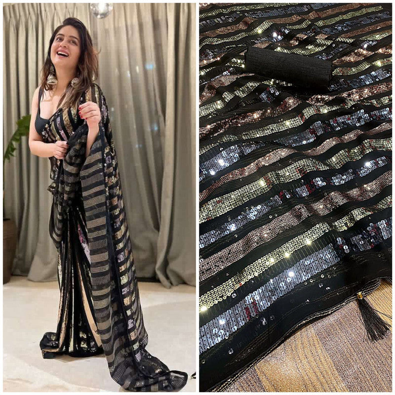 Malishka Women's Georgette Sequence Embroidery And Backpatch Border & Fumka On Pallu Saree With Blouse Piece - Black - Distacart