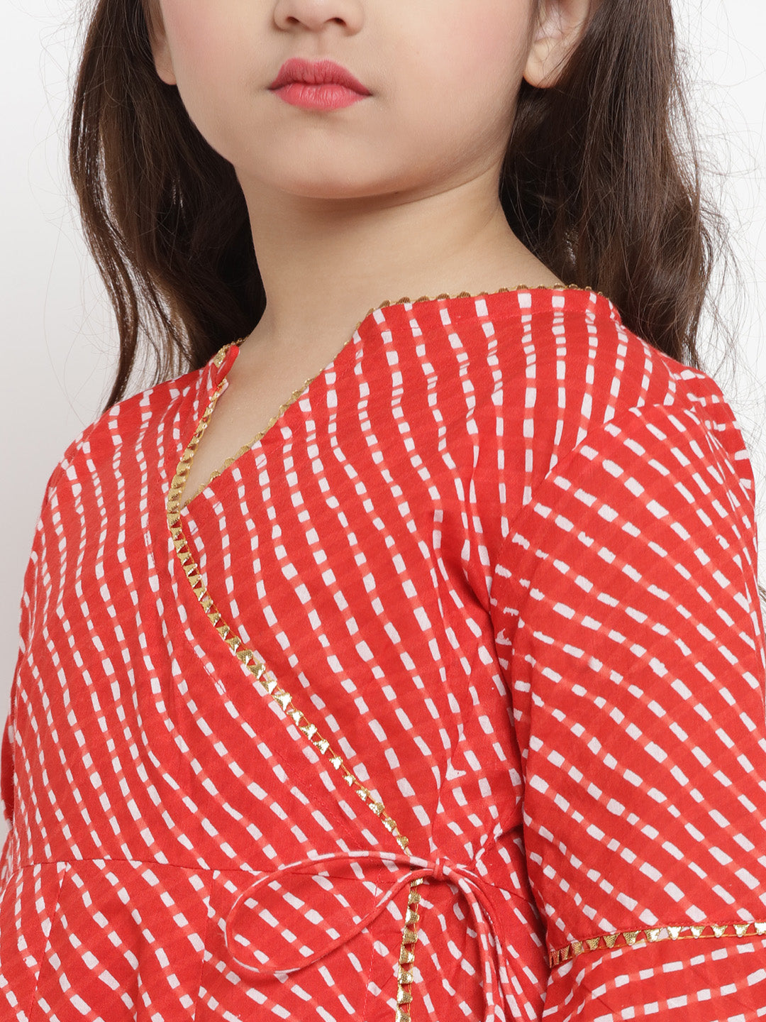 Girls Red Leheriya Printed Angrakha Kurta With Solid Palazzos for Kids - Bhama - Distacart
