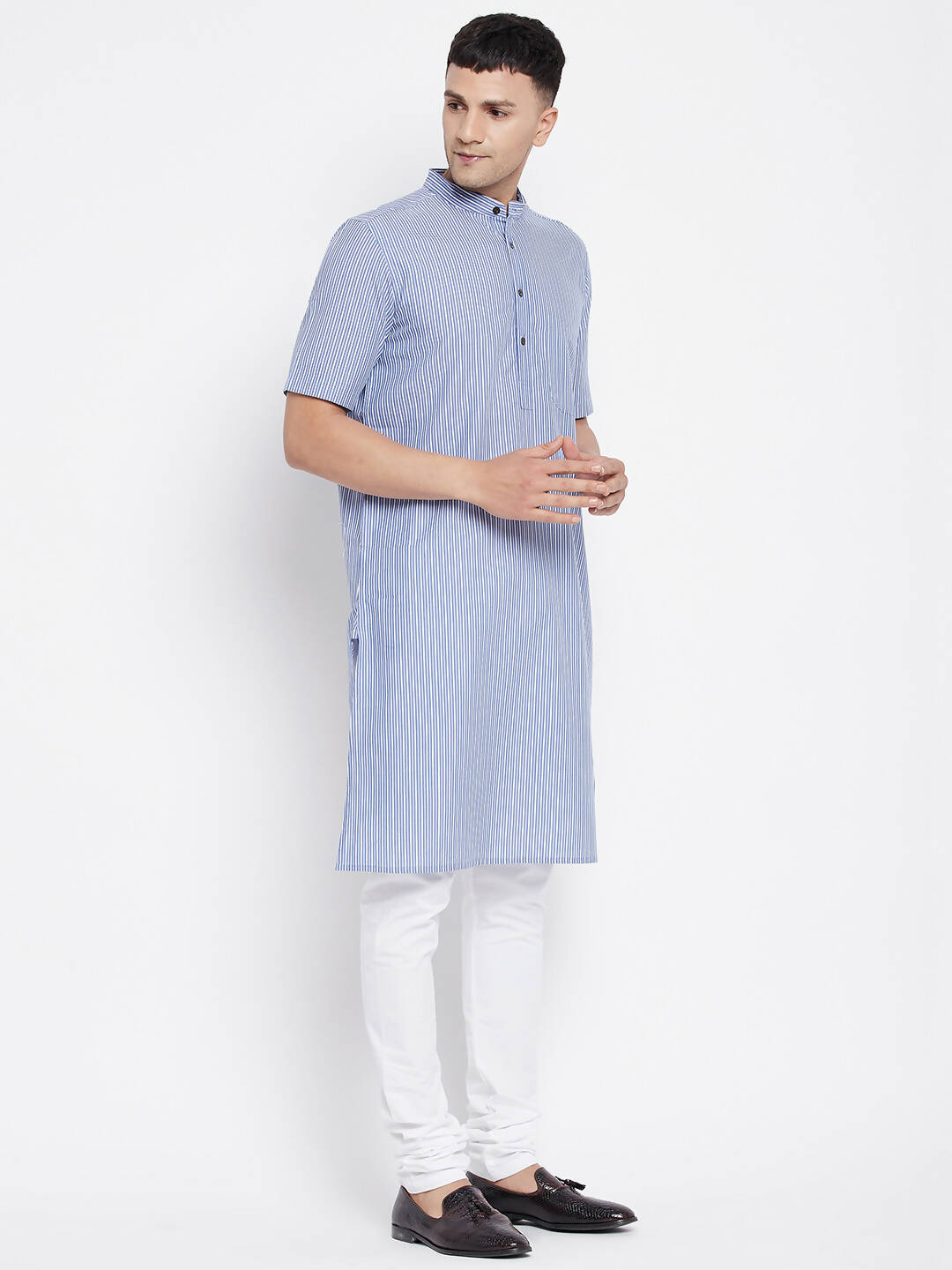 Even Apparels Blue Men's H/S Pure Cotton Kurta With Band Collar - Distacart