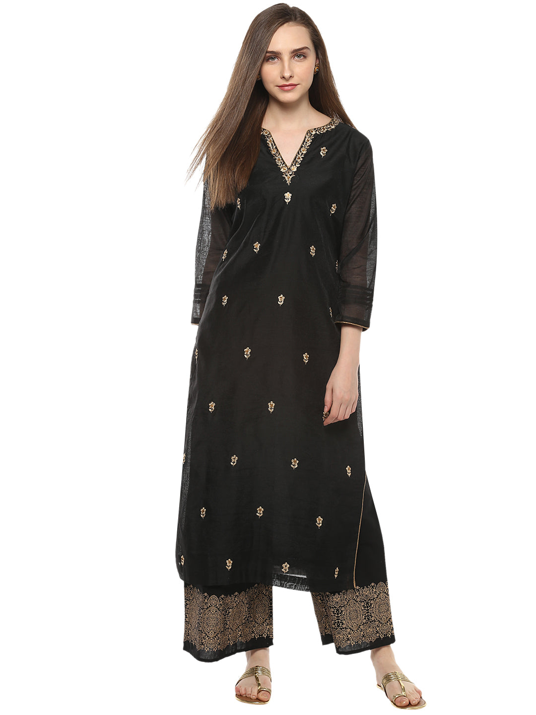 Women's Black And Beige Printed Kurta With Palazzos - Bhama - Distacart