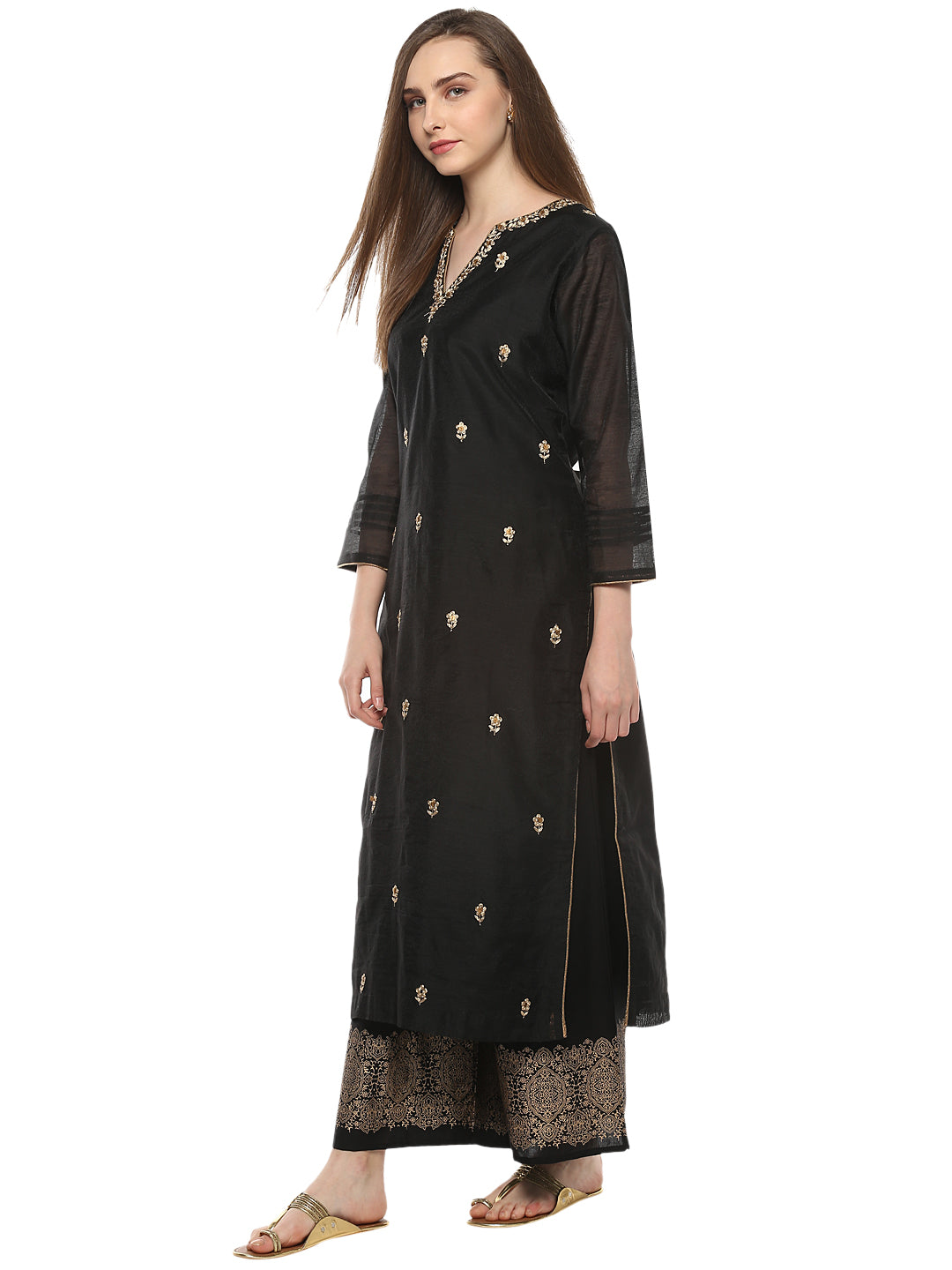 Women's Black And Beige Printed Kurta With Palazzos - Bhama - Distacart