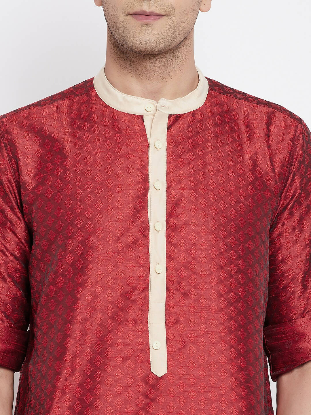 Even Apparels Red Art Silk Men's Kurta With Contrast Collar And Placket - Distacart