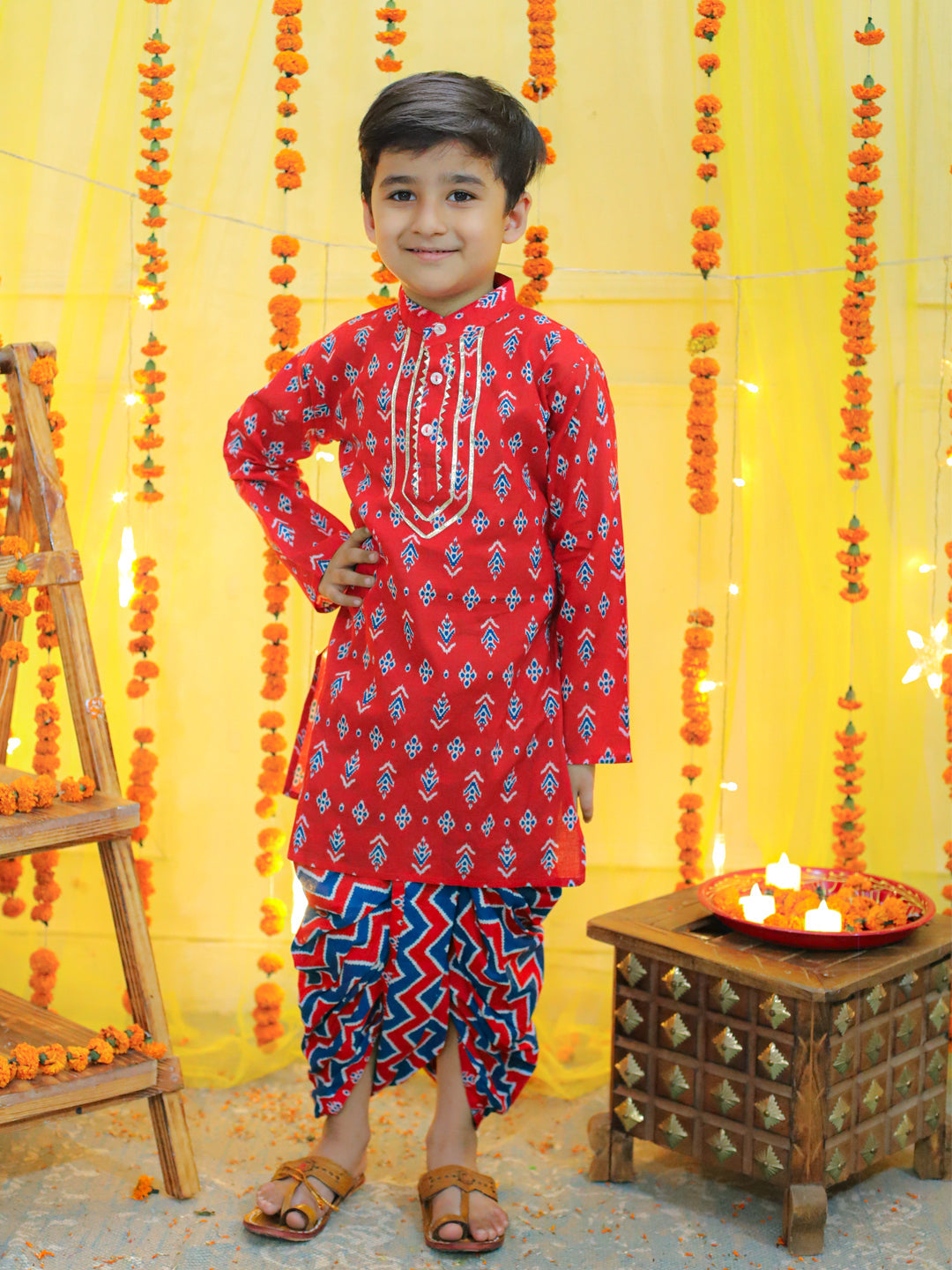 NOZ2TOZ Kids Boys Ethnic Festive Wear Pure Cotton Full Sleeve Dhoti Kurta - Red - Distacart