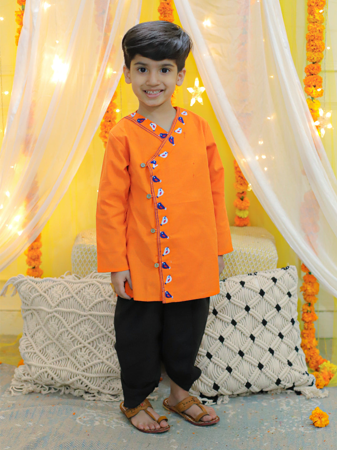 NOZ2TOZ Kids Embroidery Front Open Cotton Kurta with Dhoti for Boys - Orange - Distacart