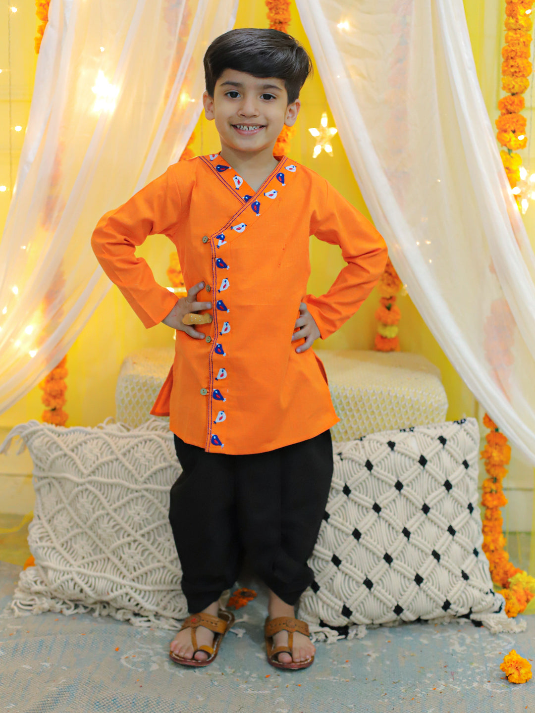 NOZ2TOZ Kids Embroidery Front Open Cotton Kurta with Dhoti for Boys - Orange - Distacart