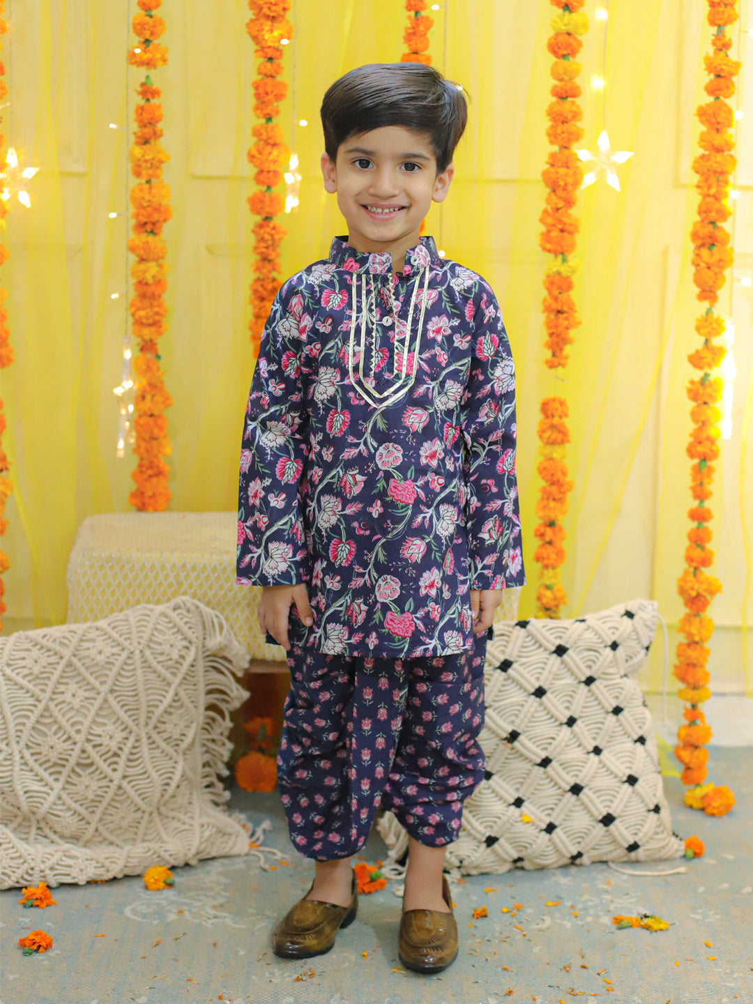 NOZ2TOZ Kids Pure Cotton Full Sleeve Printed Kurta with Printed Dhoti - Blue - Distacart
