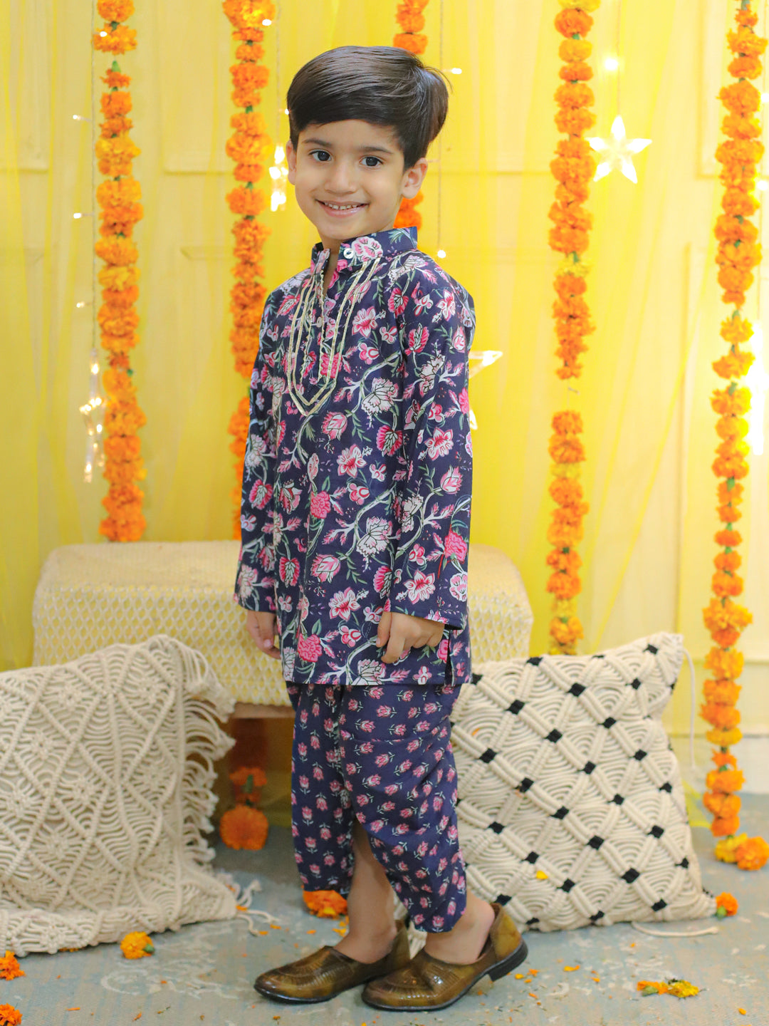 NOZ2TOZ Kids Pure Cotton Full Sleeve Printed Kurta with Printed Dhoti - Blue - Distacart