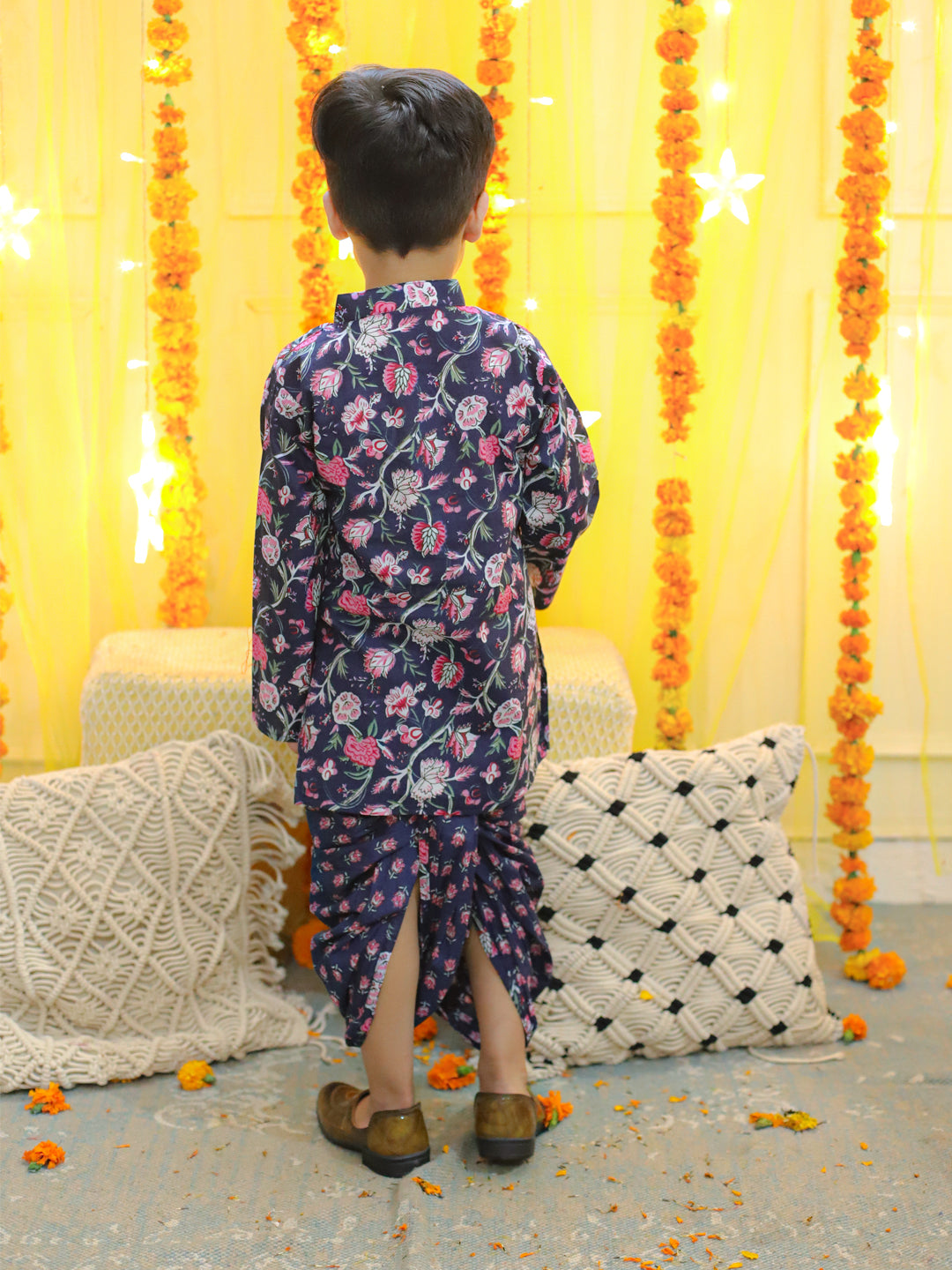 NOZ2TOZ Kids Pure Cotton Full Sleeve Printed Kurta with Printed Dhoti - Blue - Distacart