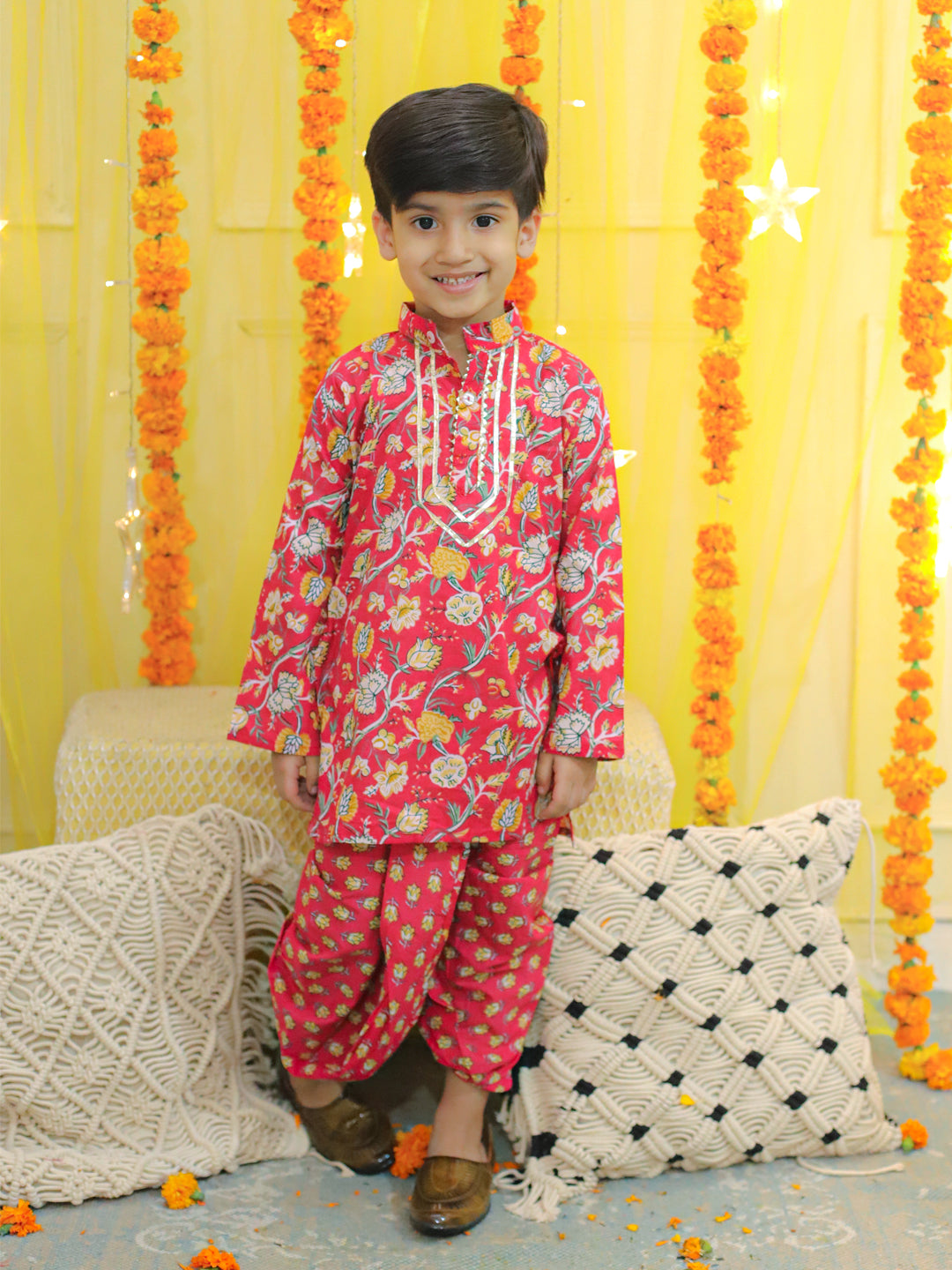 NOZ2TOZ Kids Pure Cotton Full Sleeve Printed Kurta with Printed Dhoti - Red - Distacart