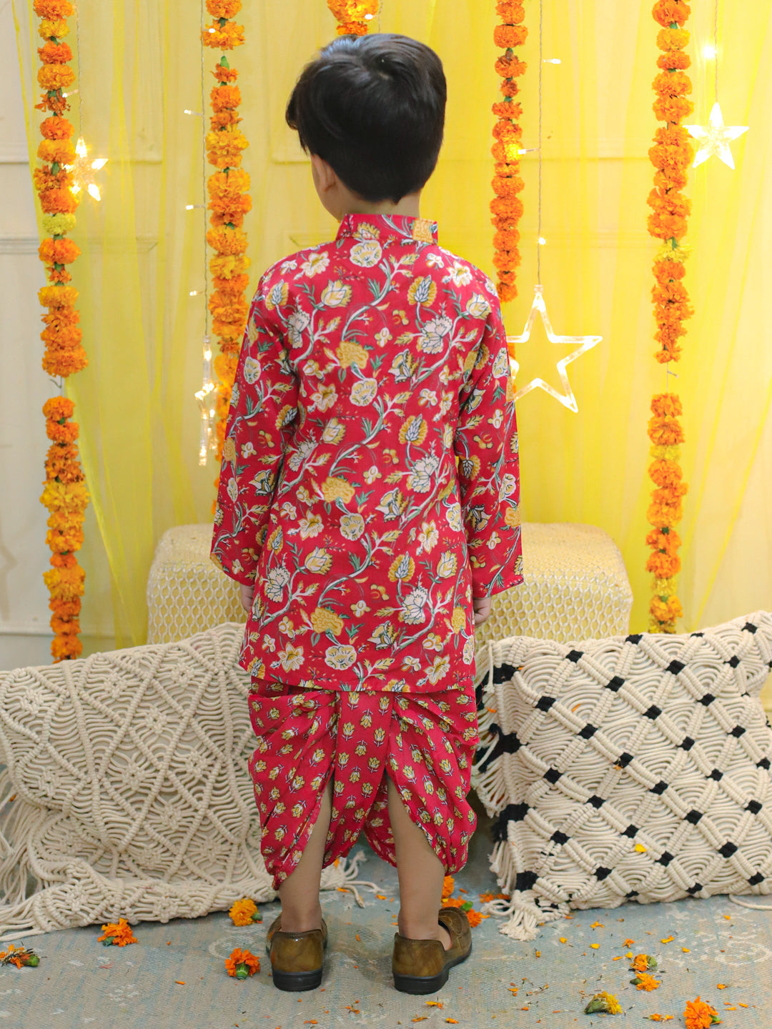 NOZ2TOZ Kids Pure Cotton Full Sleeve Printed Kurta with Printed Dhoti - Red - Distacart