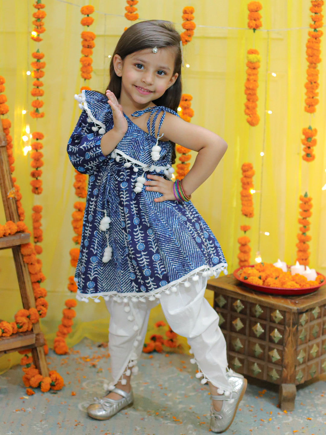 NOZ2TOZ Kids Girls Pure Cotton Printed One Sleeve Ruffle Kurti with Dhoti- Indo Western Clothing Sets - Blue - Distacart