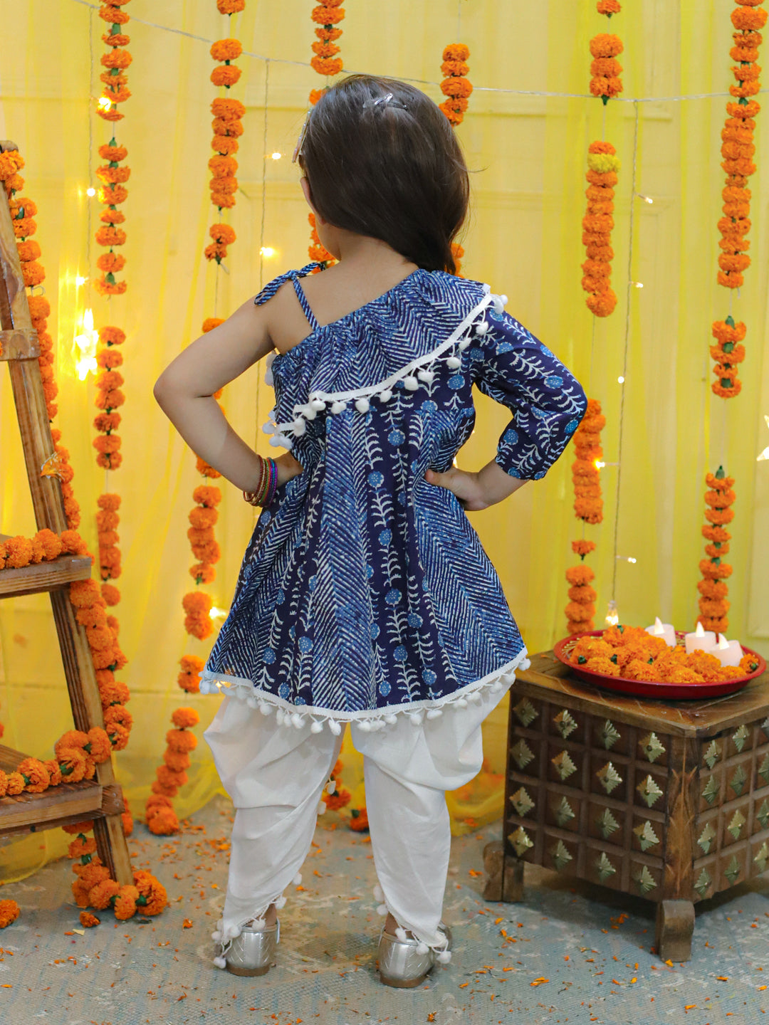 NOZ2TOZ Kids Girls Pure Cotton Printed One Sleeve Ruffle Kurti with Dhoti- Indo Western Clothing Sets - Blue - Distacart