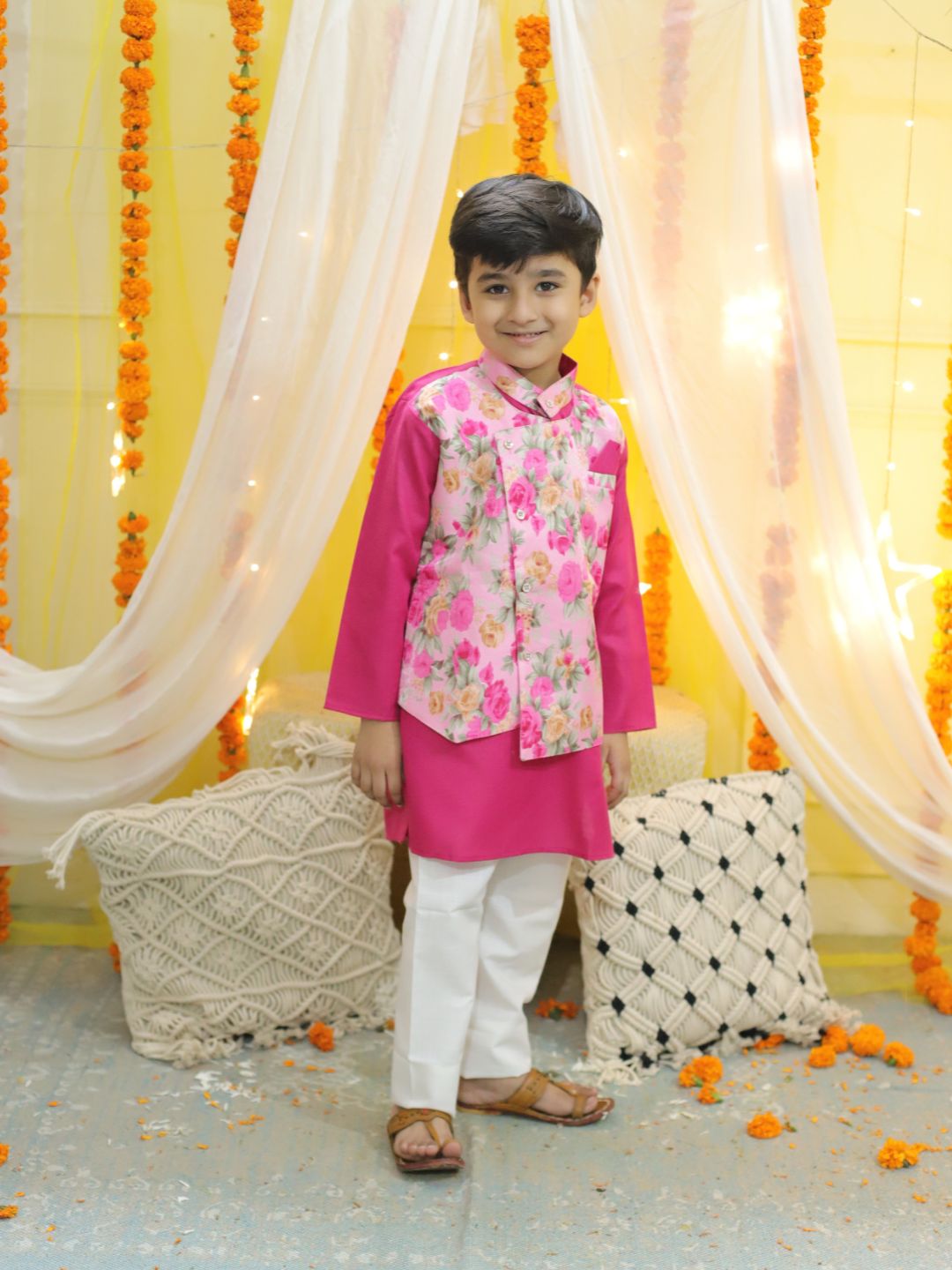 NOZ2TOZ Kids Boys Ethnic Attached Floral printed Jacket Cotton Kurta Pajama - Pink - Distacart
