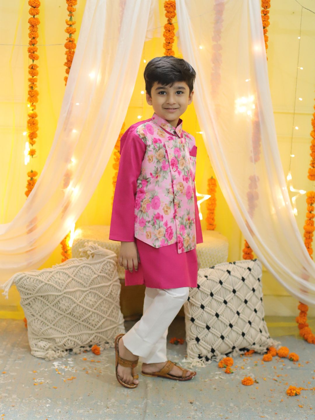 NOZ2TOZ Kids Boys Ethnic Attached Floral printed Jacket Cotton Kurta Pajama - Pink - Distacart