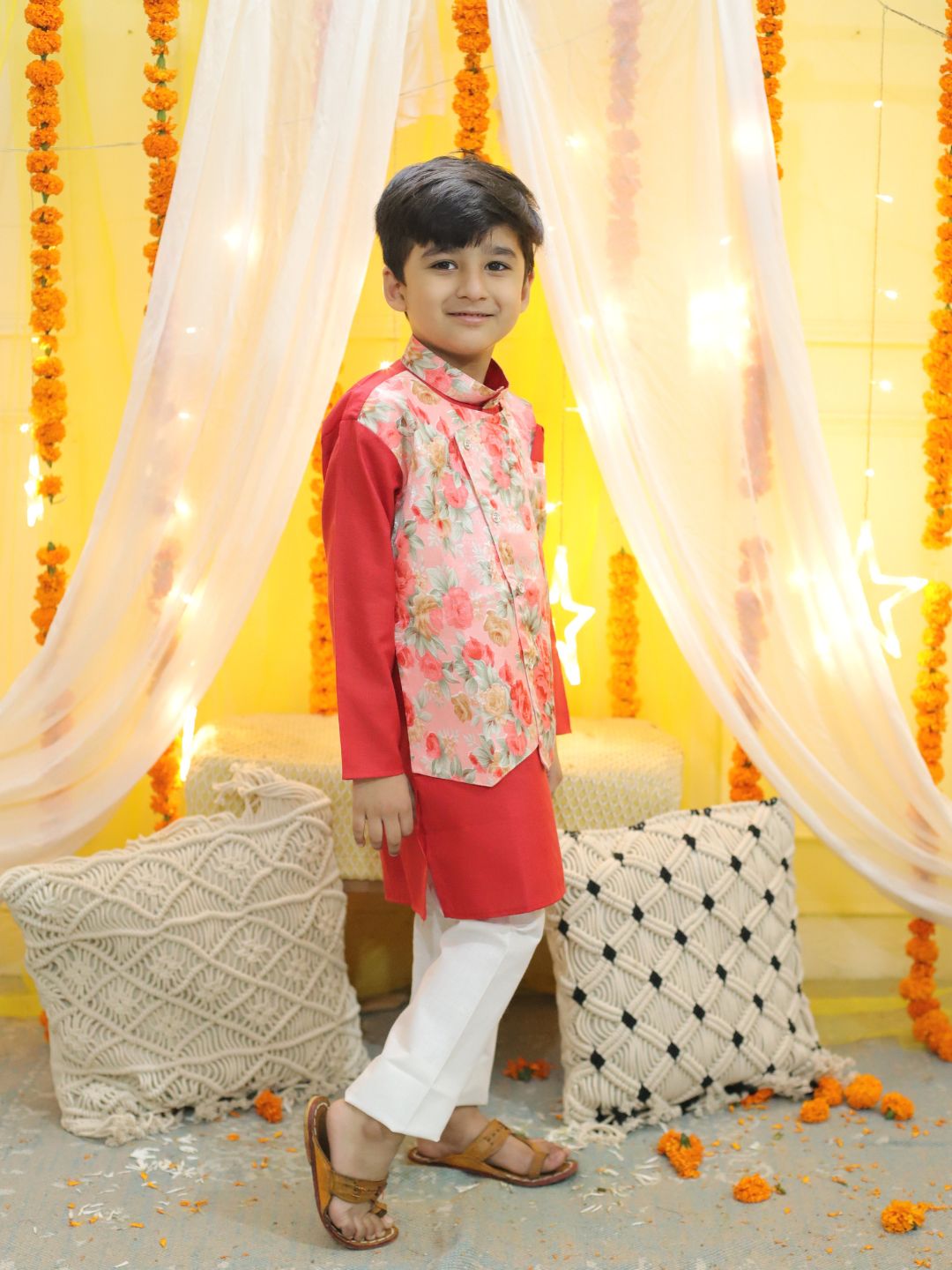 NOZ2TOZ Kids Boys Ethnic Attached Floral printed Jacket Cotton Kurta Pajama - Red - Distacart