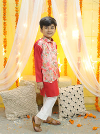 Thumbnail for NOZ2TOZ Kids Boys Ethnic Attached Floral printed Jacket Cotton Kurta Pajama - Red - Distacart