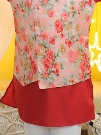 Thumbnail for NOZ2TOZ Kids Boys Ethnic Attached Floral printed Jacket Cotton Kurta Pajama - Red - Distacart