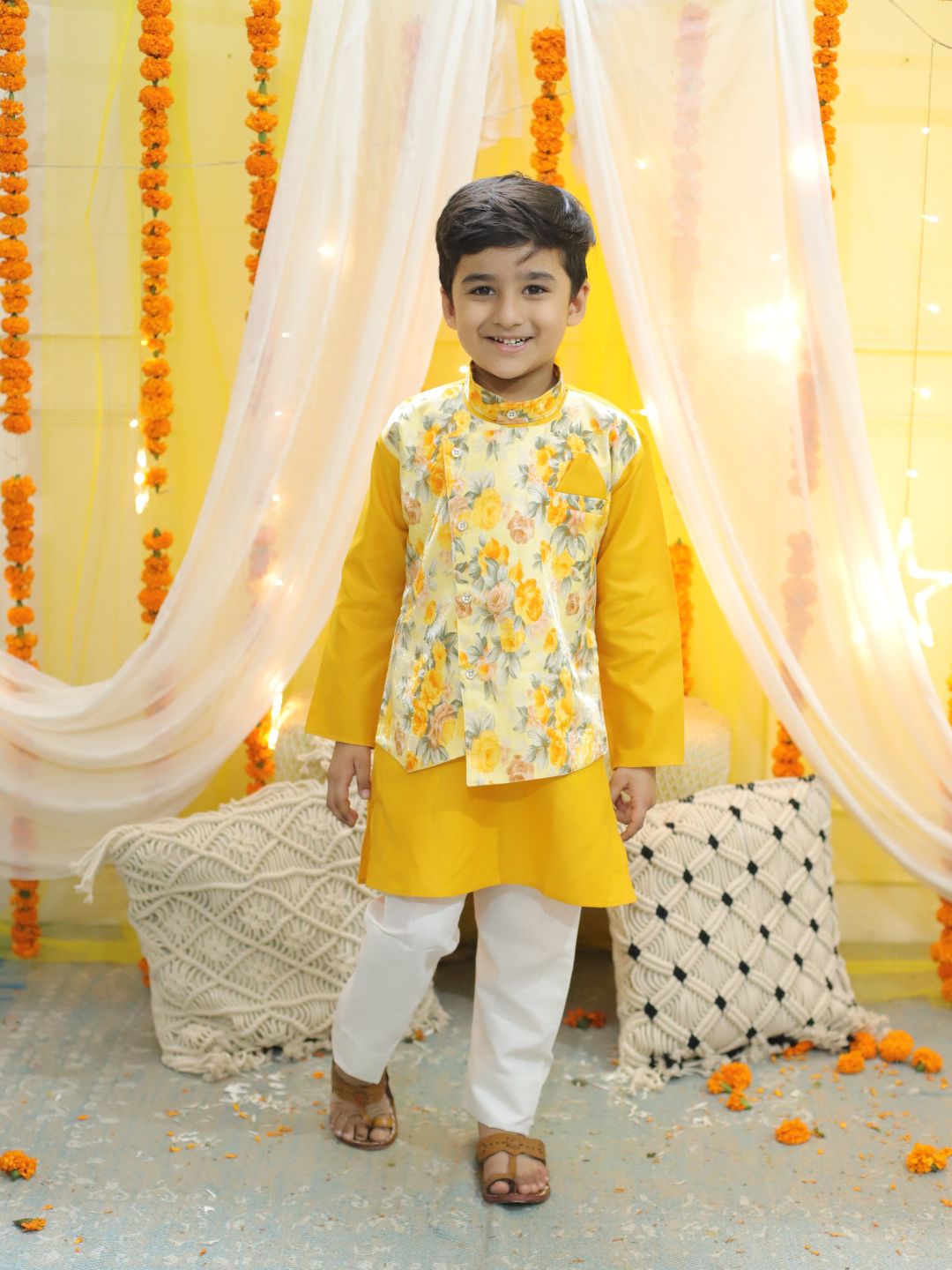 NOZ2TOZ Kids Boys Ethnic Attached Floral printed Jacket Cotton Kurta Pajama - Yellow - Distacart