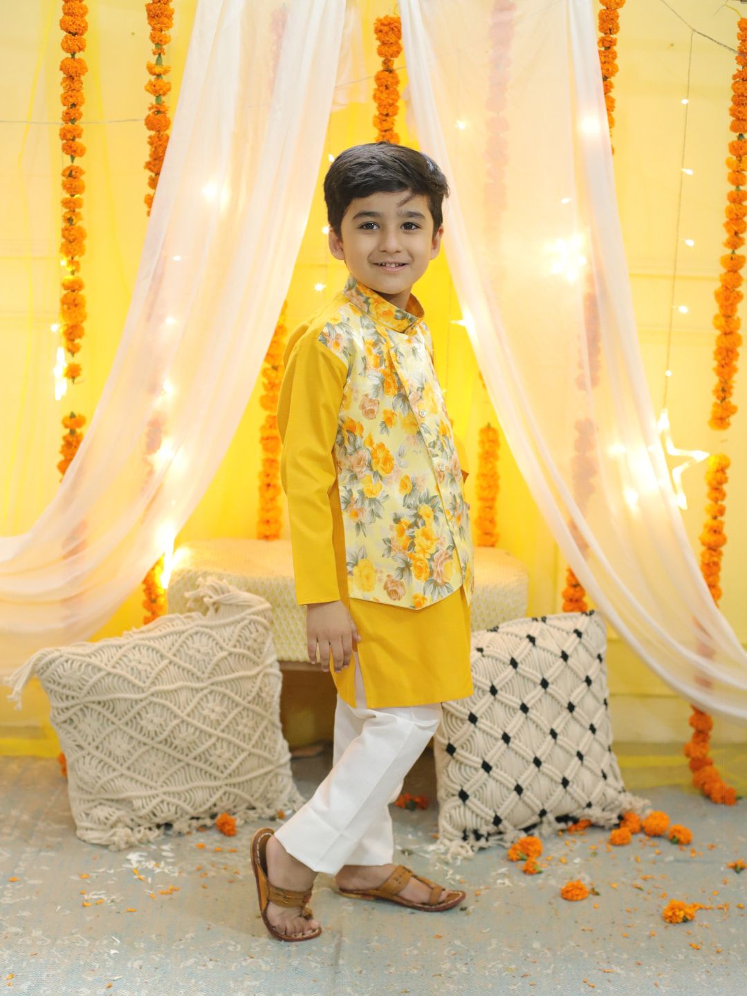 NOZ2TOZ Kids Boys Ethnic Attached Floral printed Jacket Cotton Kurta Pajama - Yellow - Distacart