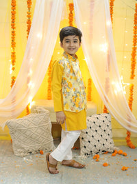 Thumbnail for NOZ2TOZ Kids Boys Ethnic Attached Floral printed Jacket Cotton Kurta Pajama - Yellow - Distacart