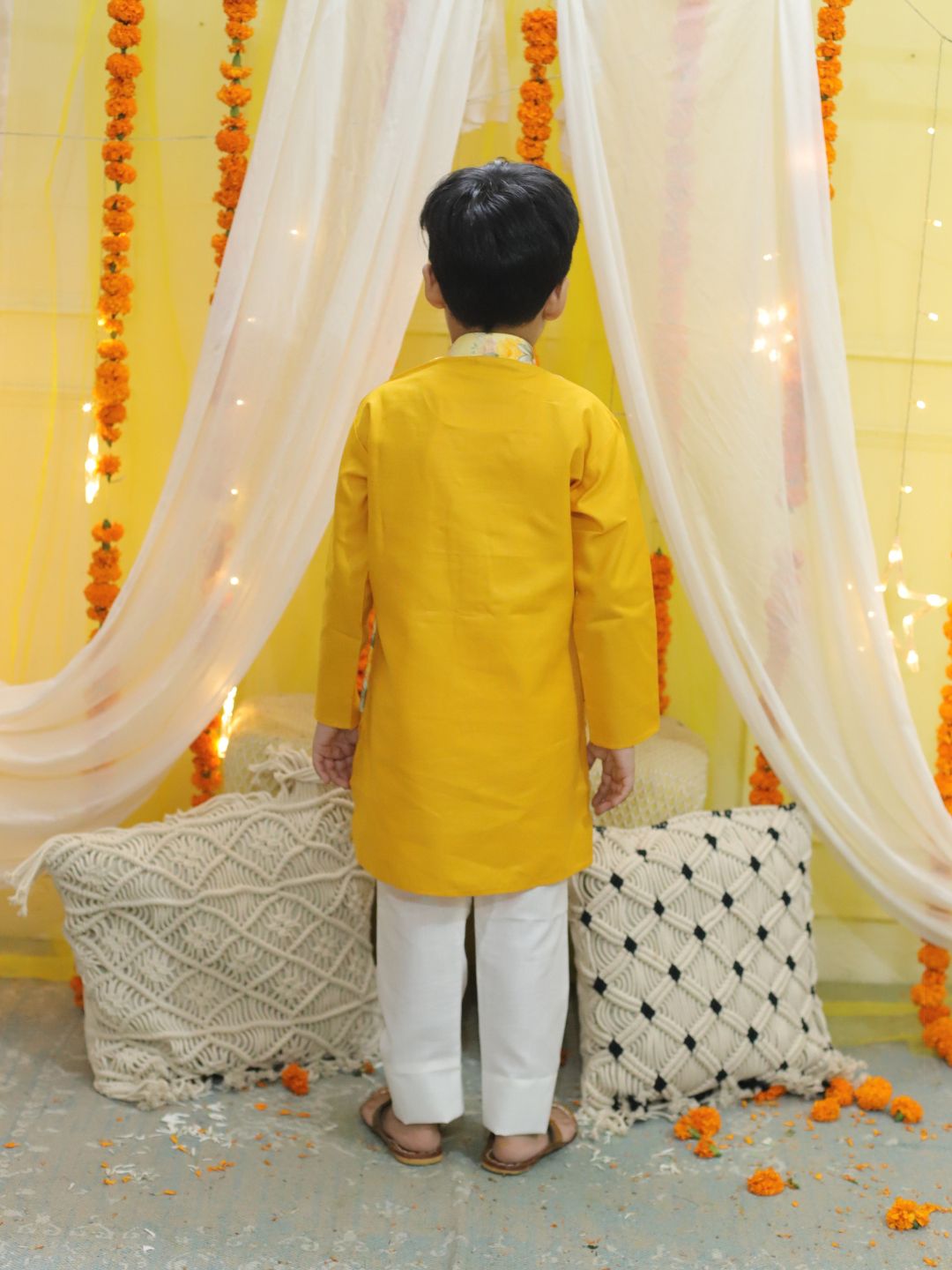 NOZ2TOZ Kids Boys Ethnic Attached Floral printed Jacket Cotton Kurta Pajama - Yellow - Distacart