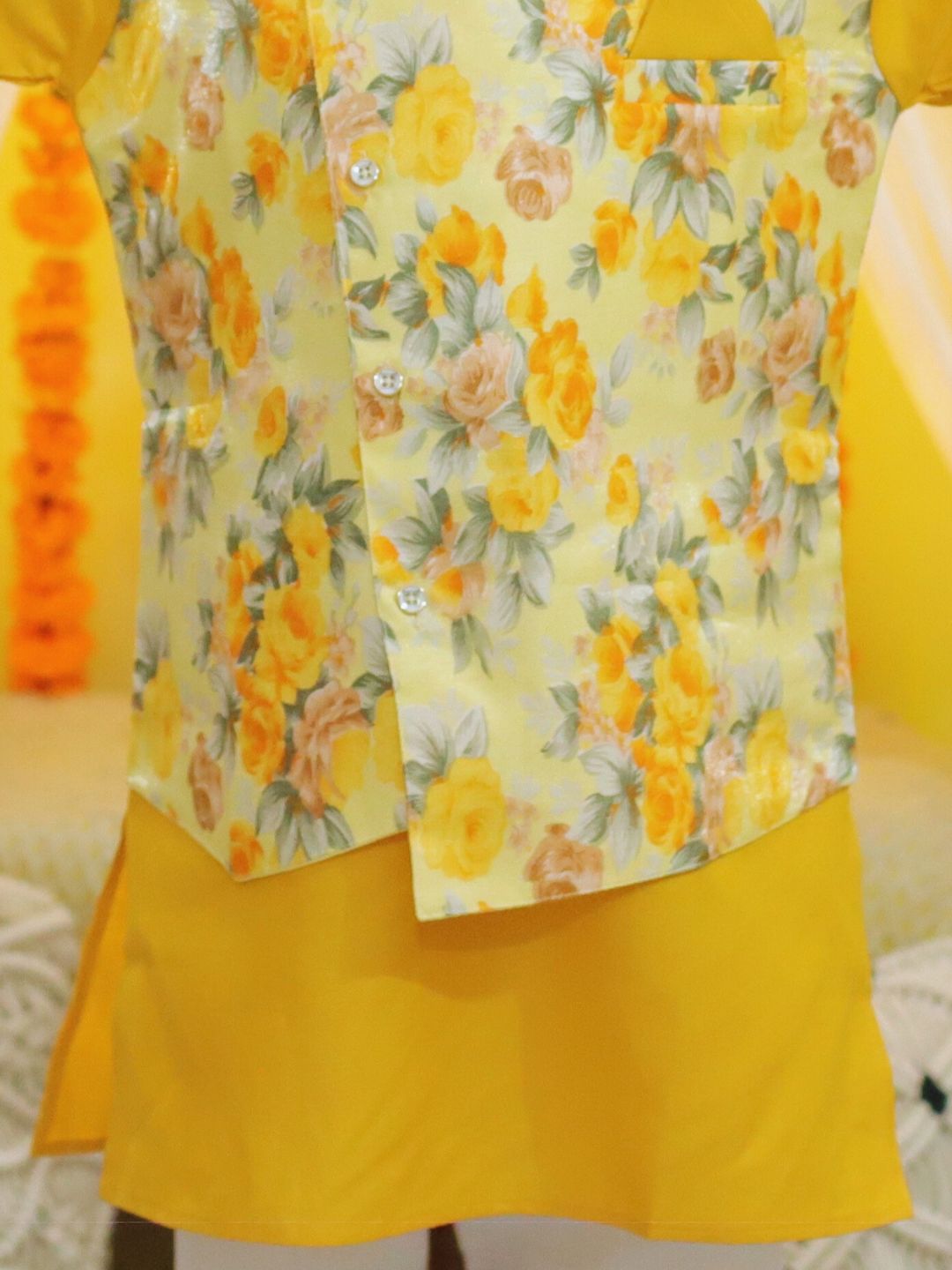 NOZ2TOZ Kids Boys Ethnic Attached Floral printed Jacket Cotton Kurta Pajama - Yellow - Distacart