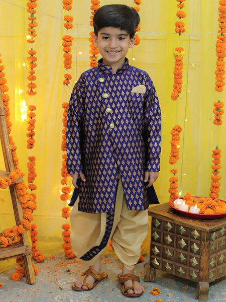 NOZ2TOZ Kids Boys Ethnic Festive Wear Jacquard Full Sleeve Sherwani with Dhoti - Blue - Distacart
