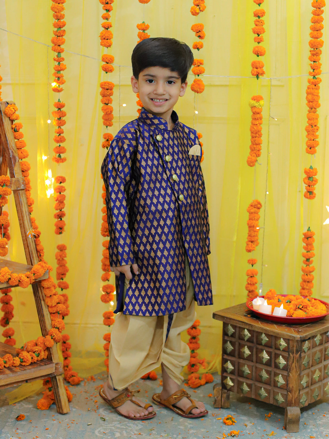 NOZ2TOZ Kids Boys Ethnic Festive Wear Jacquard Full Sleeve Sherwani with Dhoti - Blue - Distacart