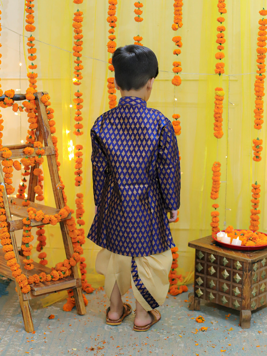 NOZ2TOZ Kids Boys Ethnic Festive Wear Jacquard Full Sleeve Sherwani with Dhoti - Blue - Distacart