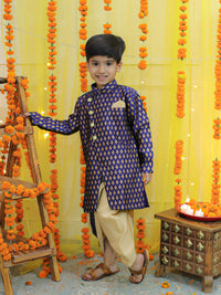 Thumbnail for NOZ2TOZ Kids Boys Ethnic Festive Wear Jacquard Full Sleeve Sherwani with Dhoti - Blue - Distacart