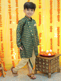 Thumbnail for NOZ2TOZ Kids Boys Ethnic Festive Wear Jacquard Full Sleeve Sherwani with Dhoti - Green - Distacart
