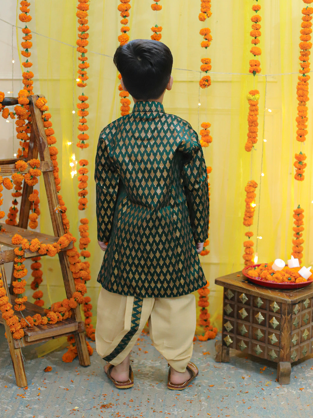 NOZ2TOZ Kids Boys Ethnic Festive Wear Jacquard Full Sleeve Sherwani with Dhoti - Green - Distacart