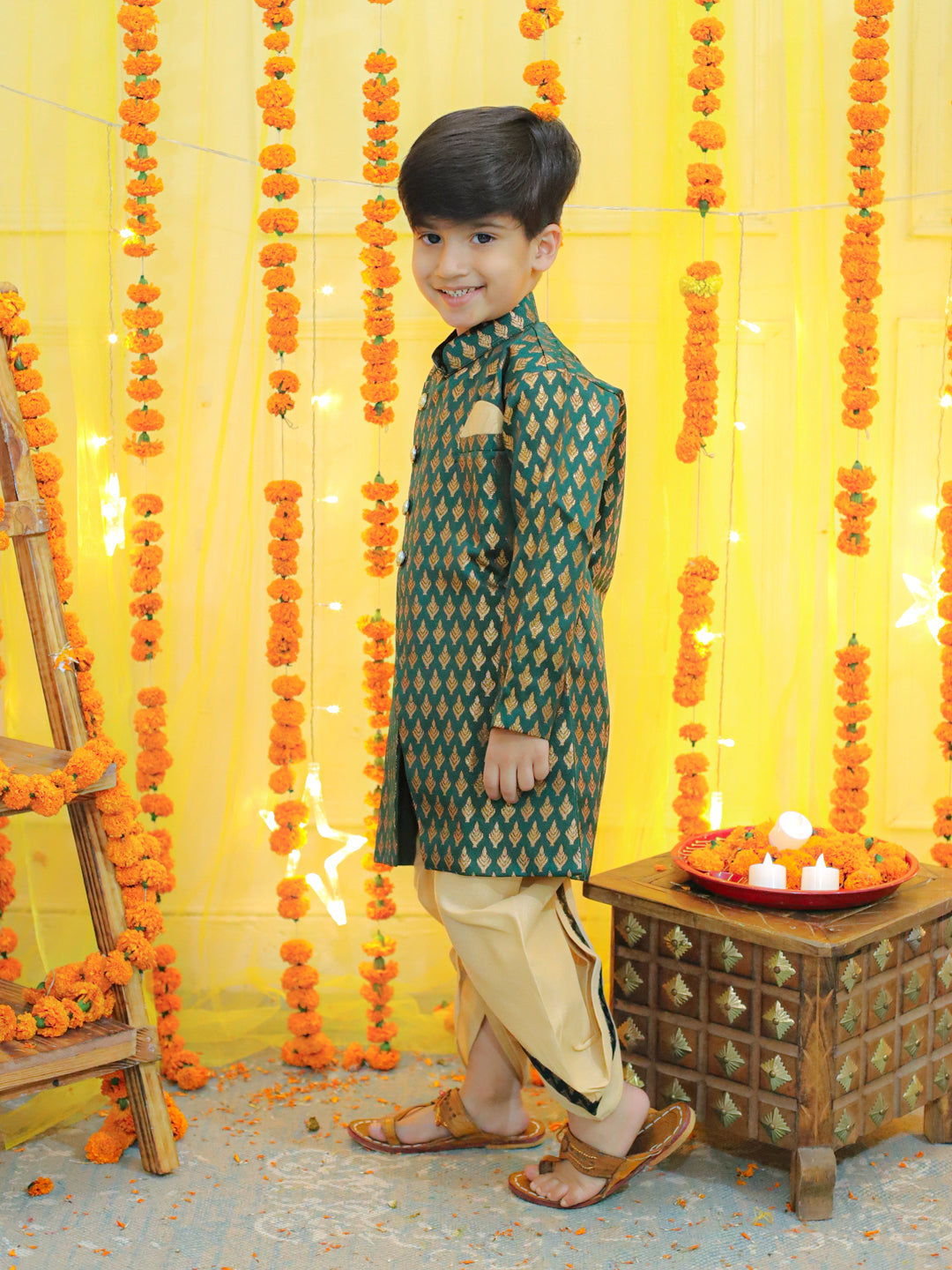 NOZ2TOZ Kids Boys Ethnic Festive Wear Jacquard Full Sleeve Sherwani with Dhoti - Green - Distacart